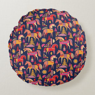 Scandinavian horses pattern seamless design. Decor Round Cushion