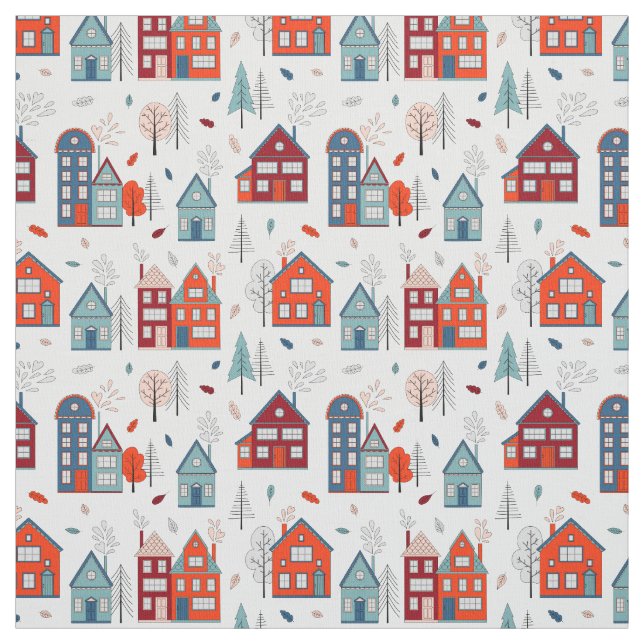 Scandinavian House Folk Art Pattern Fabric (Swatch)