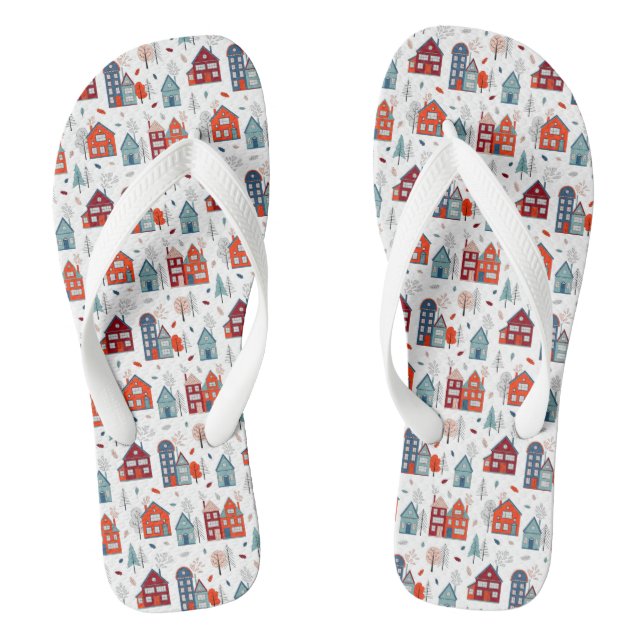 Scandinavian House Folk Art Pattern Flip Flops (Footbed)