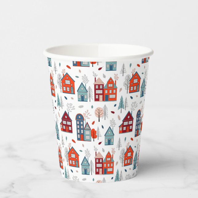 Scandinavian House Folk Art Pattern Paper Cups (Left)