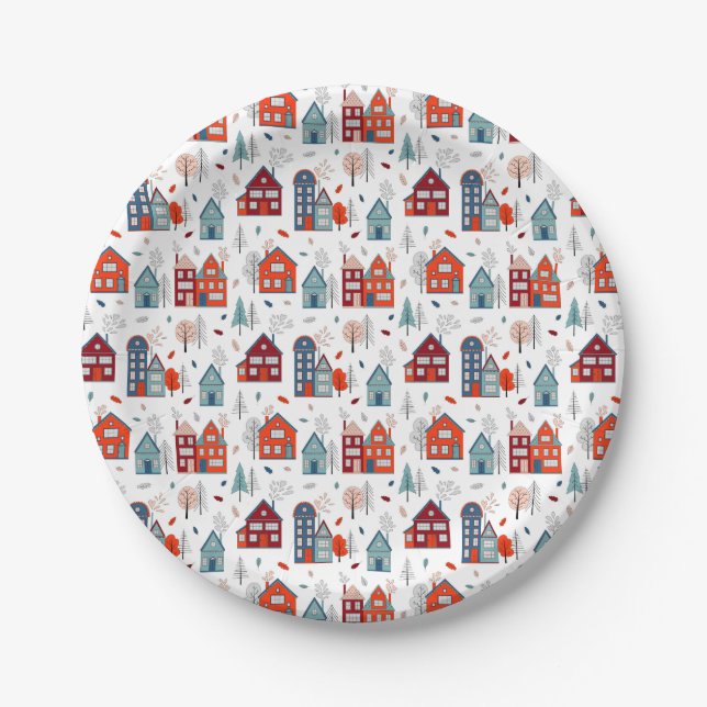 Scandinavian House Folk Art Pattern Paper Plate (Front)