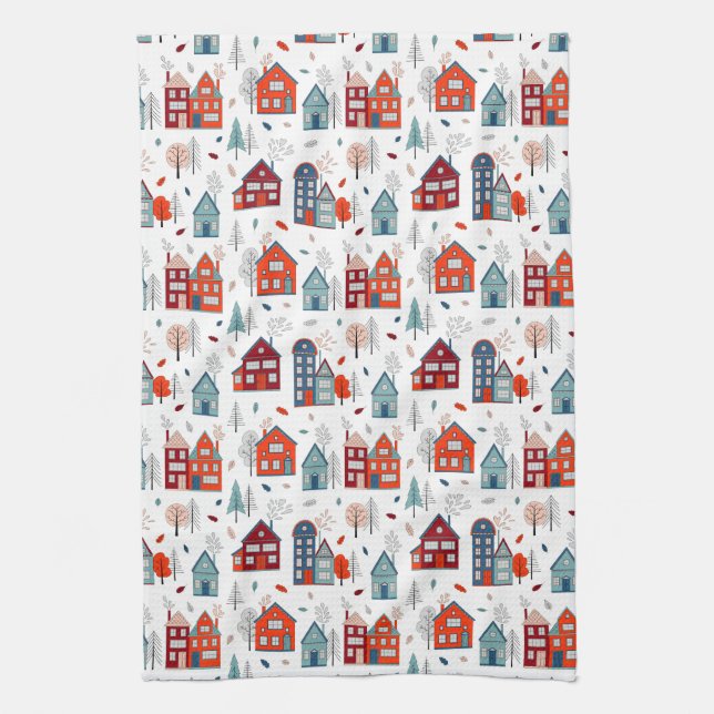 Scandinavian House Folk Art Pattern Tea Towel (Vertical)