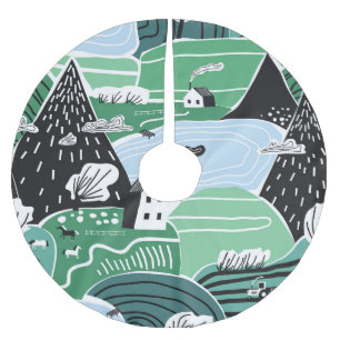 Scandinavian houses, trees, mountains illustration brushed polyester tree skirt