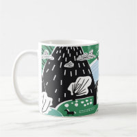 Scandinavian houses, trees, mountains illustration