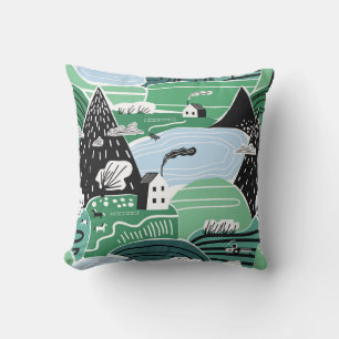Scandinavian houses, trees, mountains illustration cushion