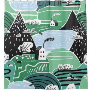 Scandinavian houses, trees, mountains illustration shower curtain