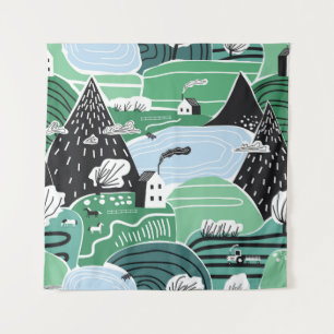 Scandinavian houses, trees, mountains illustration tapestry