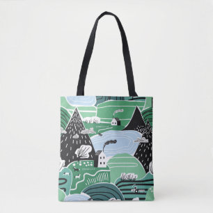 Scandinavian houses, trees, mountains illustration tote bag