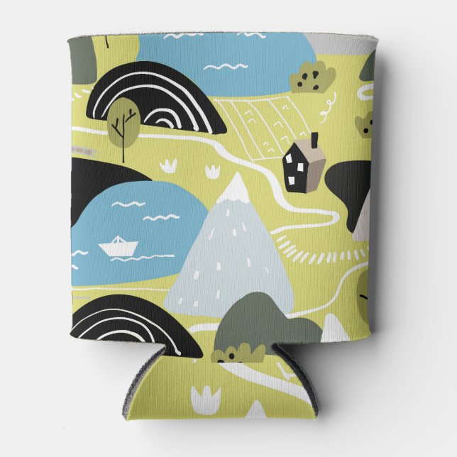 Scandinavian houses, trees, mountains pattern. can cooler (Front)