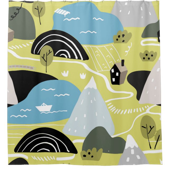 Scandinavian houses, trees, mountains pattern. shower curtain (Front)