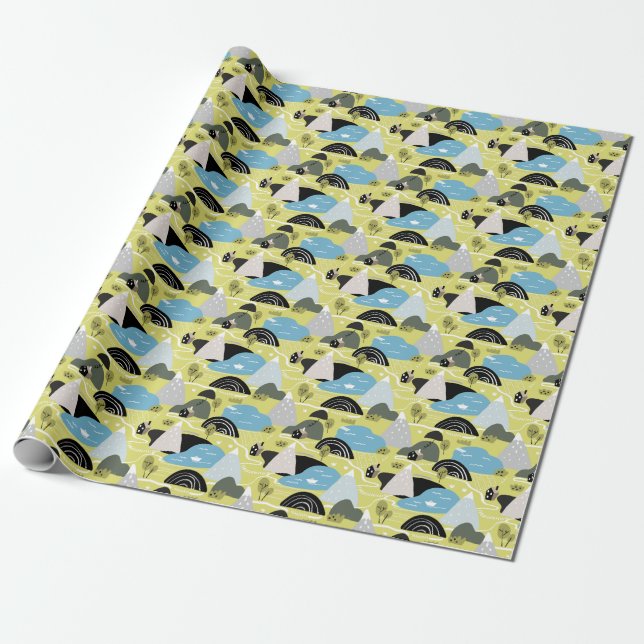 Scandinavian houses, trees, mountains pattern. wrapping paper (Unrolled)