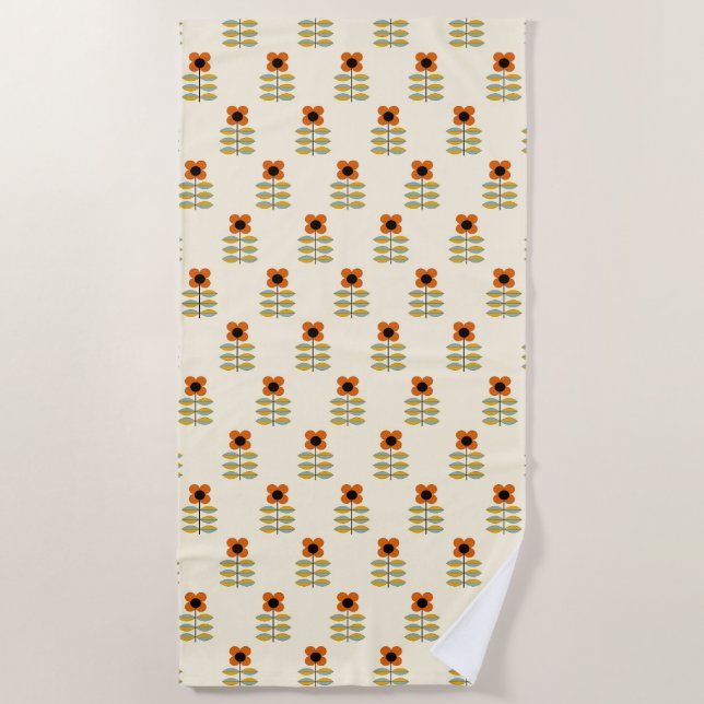 Scandinavian Inspired Orange Floral Pattern Beach Towel (Front)