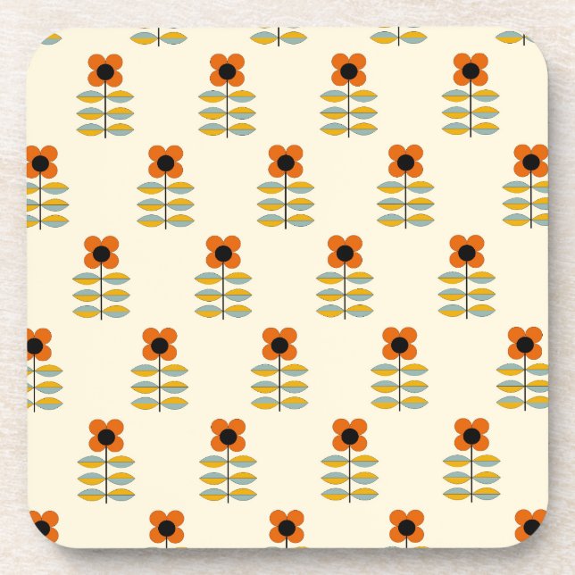 Scandinavian Inspired Orange Floral Pattern Coaster (Front)