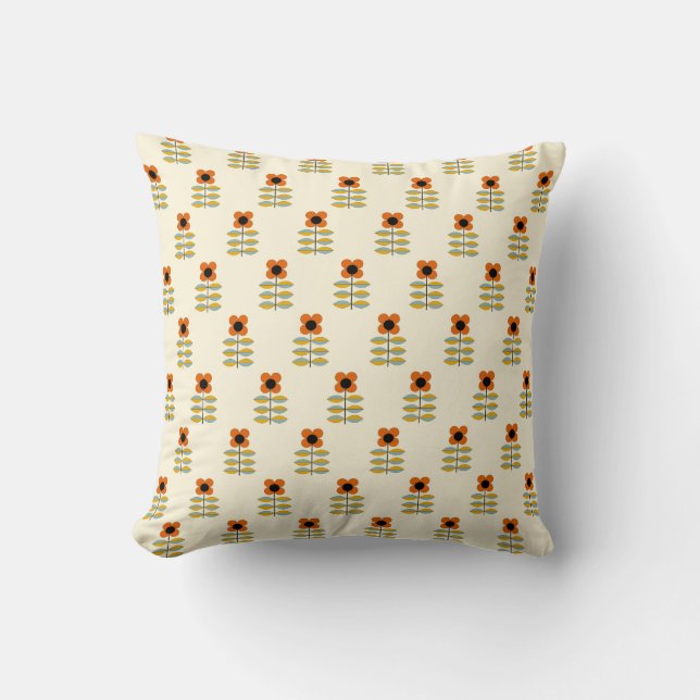 Scandinavian Inspired Orange Floral Pattern Cushion (Front)