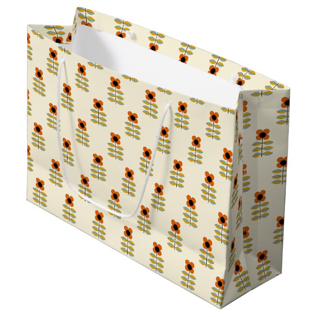 Scandinavian Inspired Orange Floral Pattern Large Gift Bag (Front Angled)
