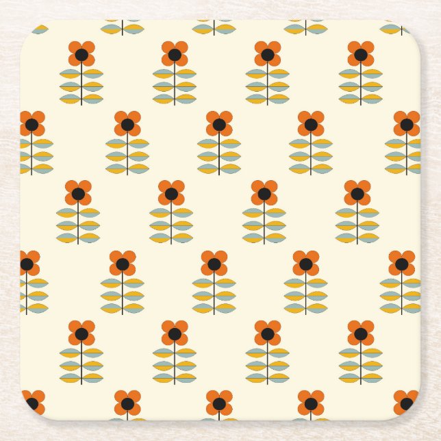 Scandinavian Inspired Orange Floral Pattern Square Paper Coaster (Front)