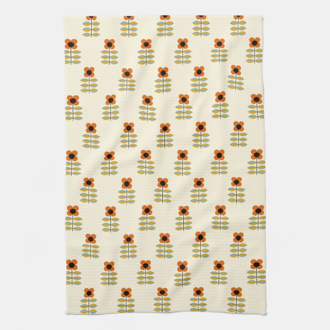 Scandinavian Inspired Orange Floral Pattern Tea Towel (Vertical)