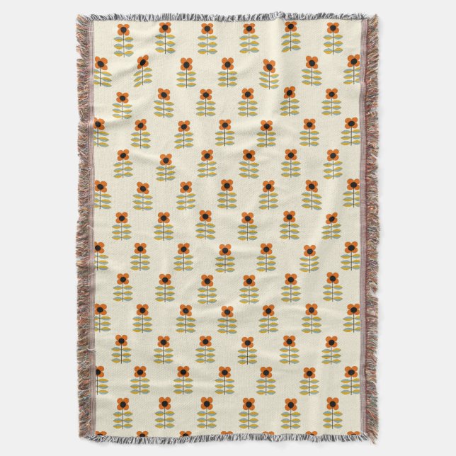 Scandinavian Inspired Orange Floral Pattern Throw Blanket (Front Vertical)
