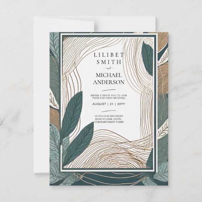 Scandinavian Japandi Wedding Abstract Green Teal Invitation (Front)