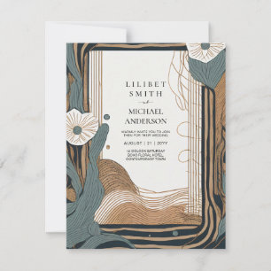 Scandinavian Japandi Wedding Abstract Teal Brown Invitation