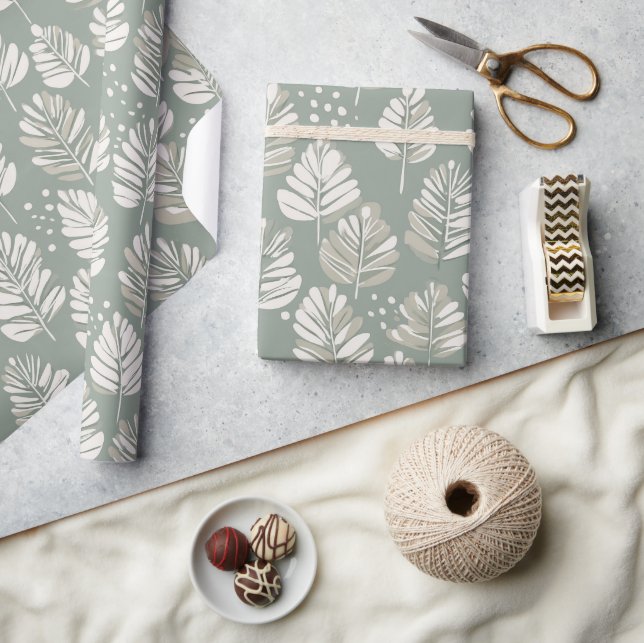 Scandinavian Light Green Leaf Sage Floral Pattern Wrapping Paper (Crafts)