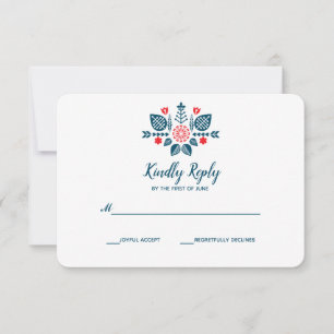 Scandinavian  Love in red and blue    Wedding RSVP Card