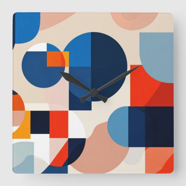 Scandinavian Mid Century Geometric Abstract Art Square Wall Clock (Front)