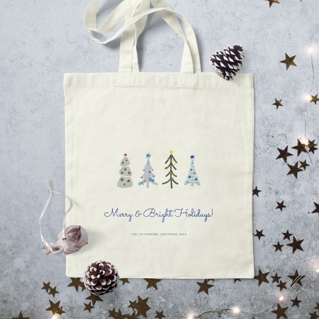 Scandinavian Minimalist Christmas trees Tote Bag (Elegant Scandinavinan custom Christmas tote bag with whimsical Christmas trees with your text)