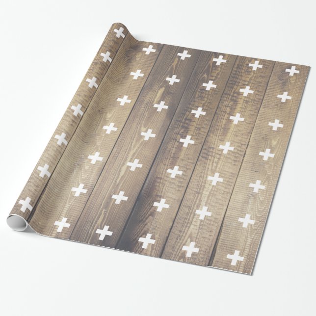Scandinavian Modern Wood Planks White Plus Signs Wrapping Paper (Unrolled)