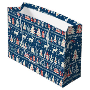 Scandinavian Navy Blue Christmas Reindeer Nordic Large Gift Bag