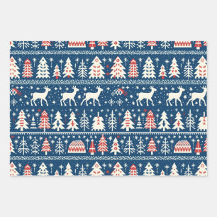 Scandinavian Navy Blue Christmas Reindeer Nordic Wrapping Paper Sheet