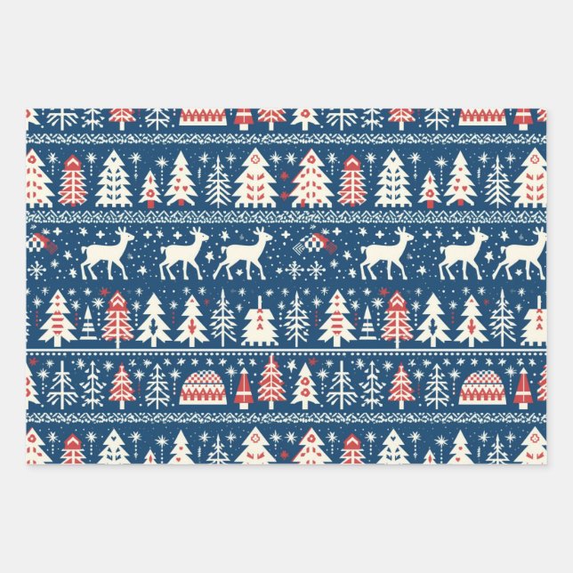 Scandinavian Navy Blue Christmas Reindeer Nordic Wrapping Paper Sheet (Front)