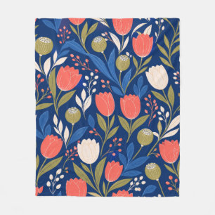Scandinavian Navy Blue Red Tulip Floral Pattern Fleece Blanket