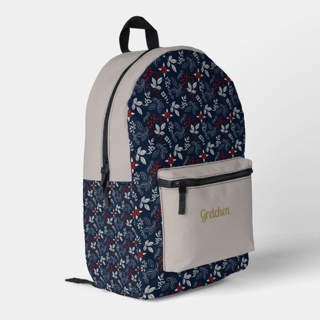 Scandinavian Navy Red and  Tan Floral Pattern Printed Backpack (Back Corner Left)