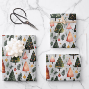 Scandinavian Nordic Christmas Pine Tree Pattern Wrapping Paper Sheet