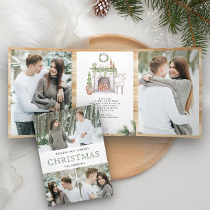 Scandinavian Nordic Fireplace Photo Christmas Tri-Fold Holiday Card