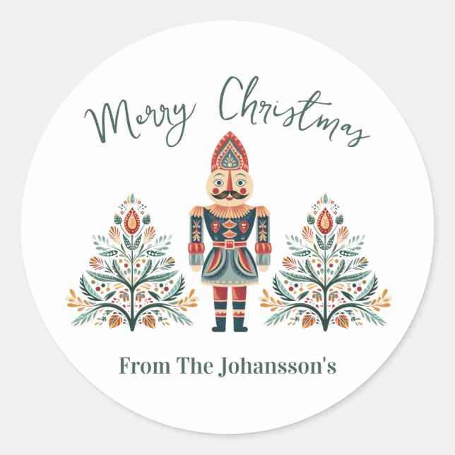 Scandinavian Nutcracker Custom Name Christmas Classic Round Sticker (Front)