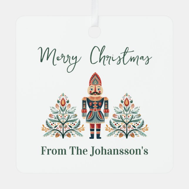 Scandinavian Nutcracker Custom Name Christmas Metal Tree Decoration (Front)