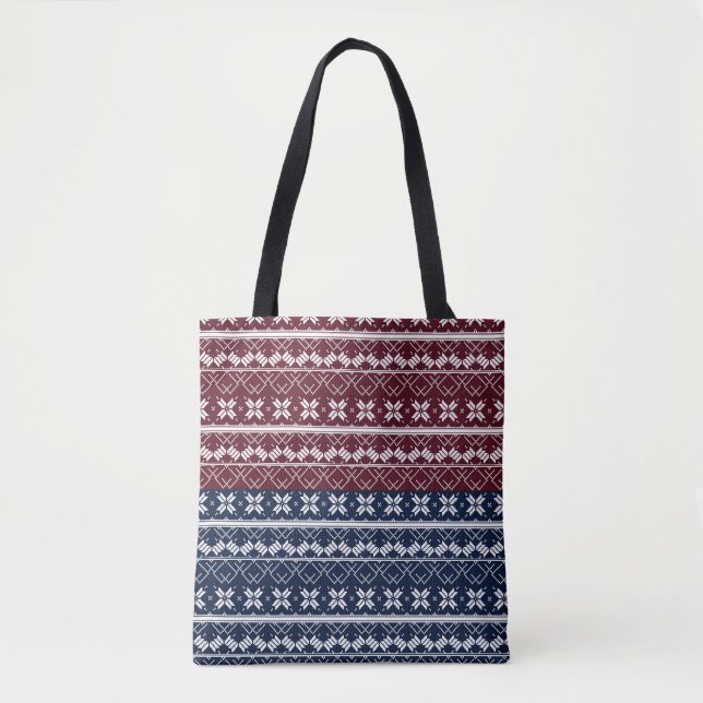 Scandinavian ornament on a blue, burgundy  tote bag (Front)