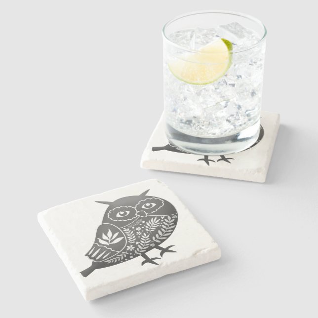 Scandinavian Owl Art Grey Stone Coaster (Side)