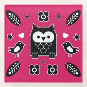 Scandinavian Owl Folk Art Gift Glass Coaster