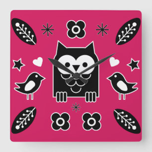 Scandinavian Owl Folk Art Gift Square Wall Clock