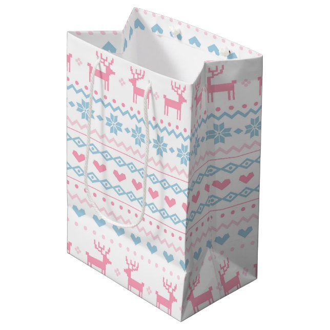 Scandinavian Pink & Blue Ski Sweater Pattern Medium Gift Bag (Front Angled)