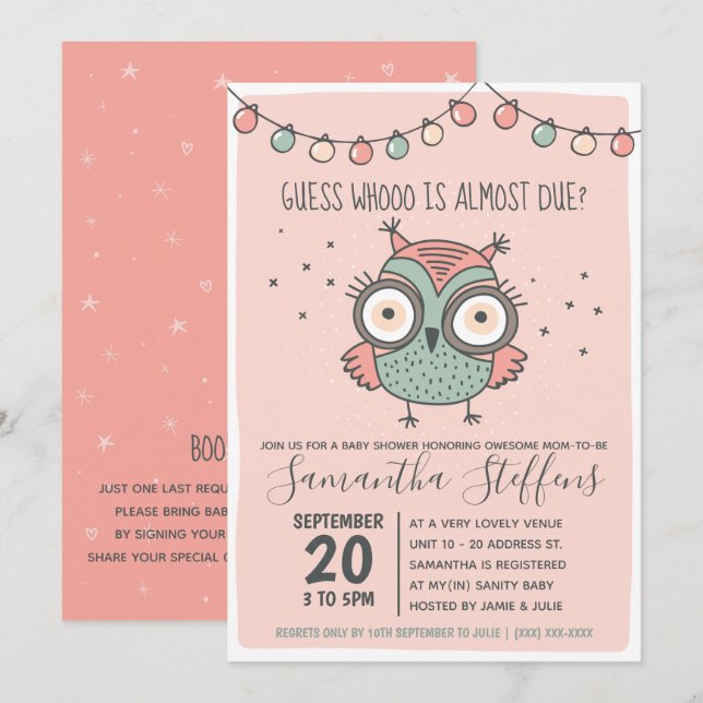 Scandinavian Pink Whoo is Due Owl Baby Shower Invitation (Front/Back)