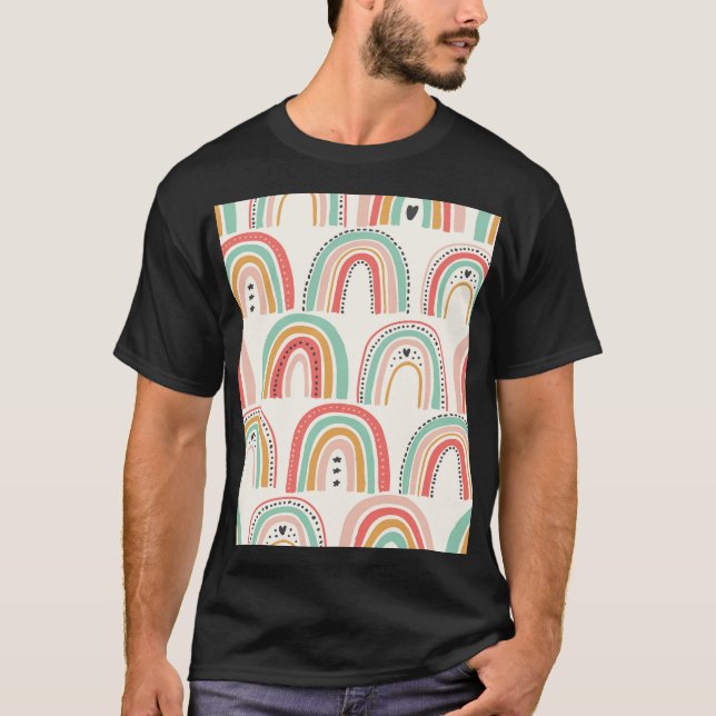 Scandinavian Rainbows: Naive Art Pattern. T-Shirt (Front)