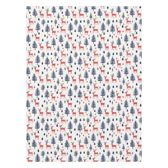 Scandinavian Red and Blue Deer Woodland Tablecloth (Front)