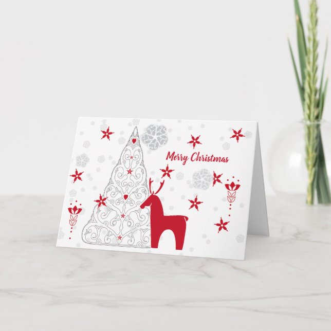Scandinavian red and white folk art business holiday card (Front)