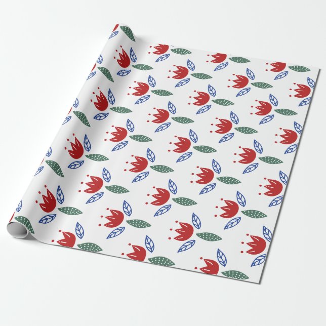 Scandinavian Red Blue Floral Pattern Christmas Wrapping Paper (Unrolled)