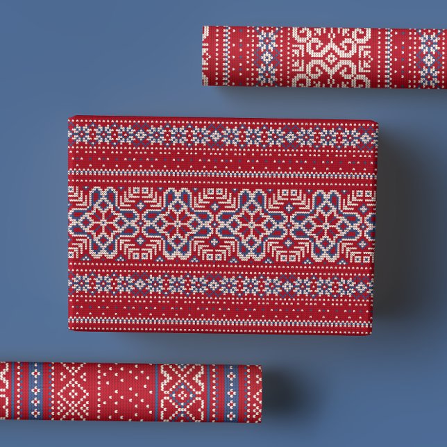 Scandinavian Red & Blue Winter Sweater Pattern Wrapping Paper Sheet (Creator Uploaded)