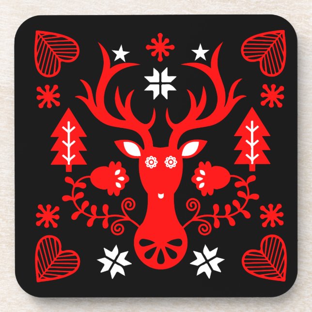 Scandinavian Red Christmas Deer Coaster (Front)